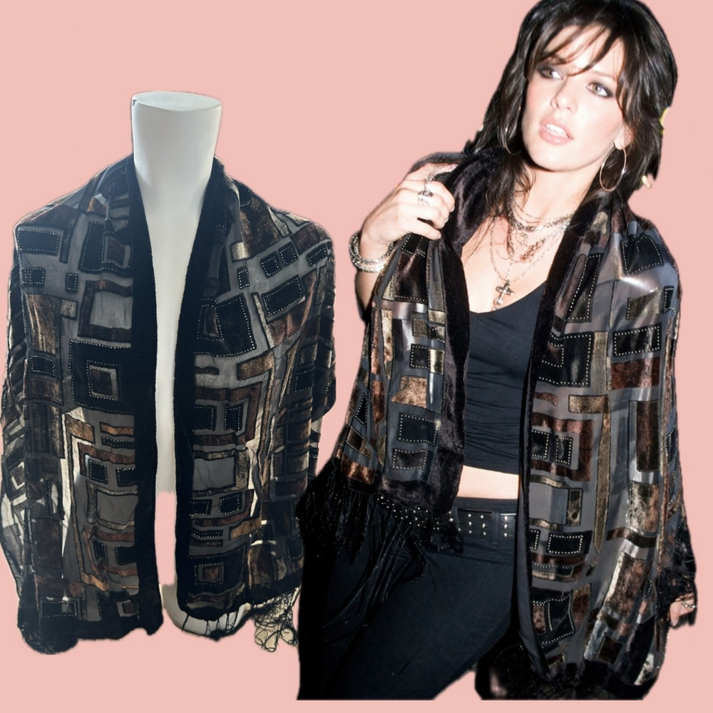 Sheer Velvet Geometric Scarf Black Brown Fringe Long Y2K
